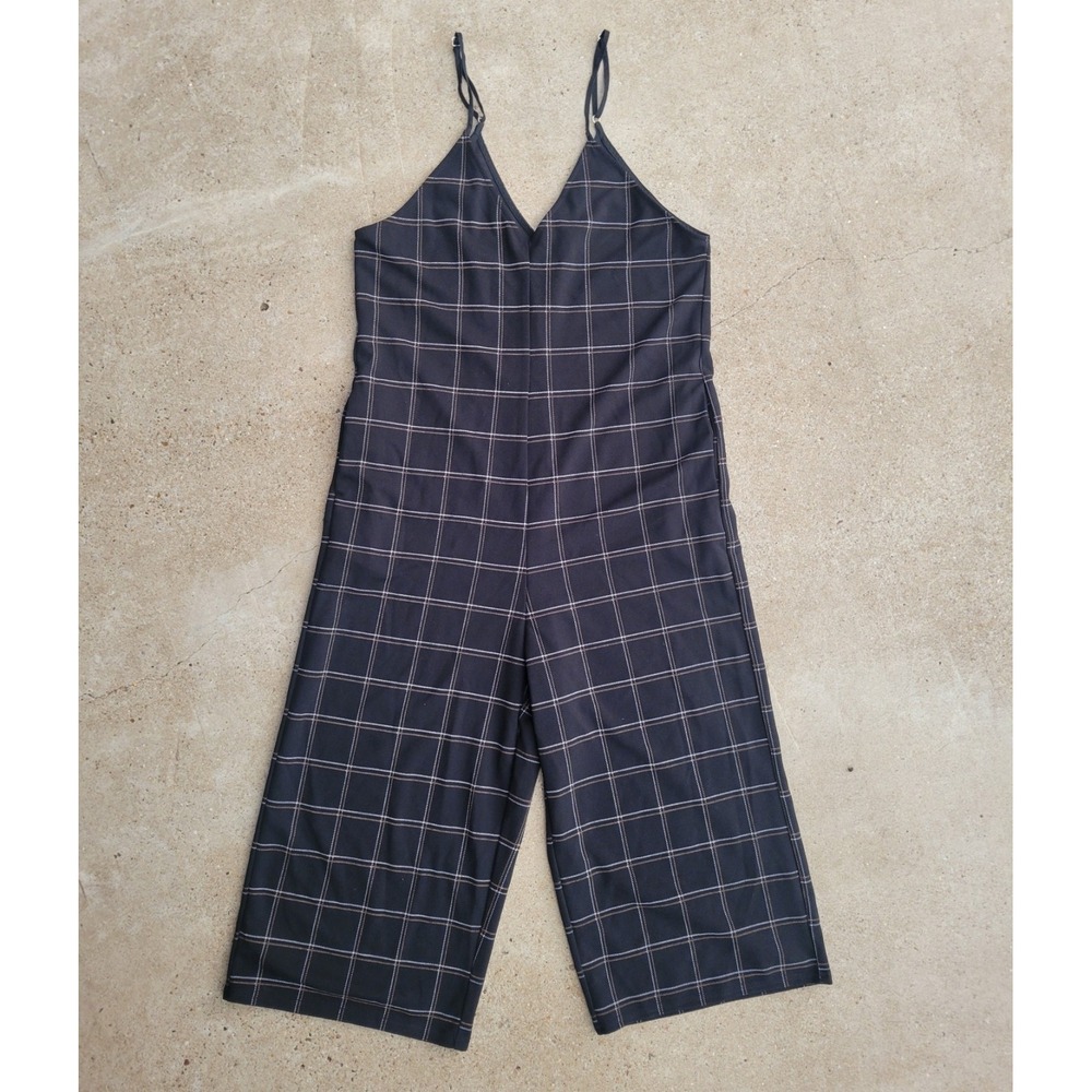 Women's Black Plaid‎ Romper By Polagram Small Adjustable Spaghetti Strap Pockets